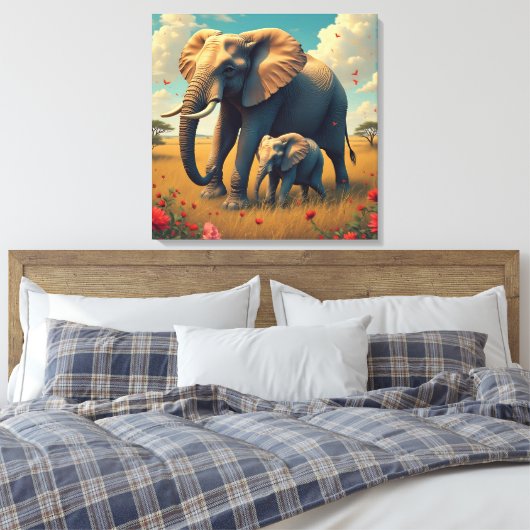 Een lieve sentimentele mama en Baby olifant Canvas Afdruk (Insitu (Slaapkamer))