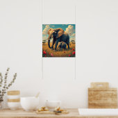 Een lieve sentimentele mama en Baby olifant Poster (Keuken)