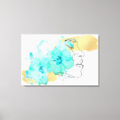 Een lijn gezicht kunst met blauwe bloemen vlekken canvas afdruk (Voorkant)
