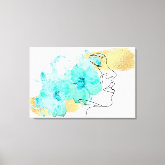 Een lijn gezicht kunst met blauwe bloemen vlekken canvas afdruk (Voorkant)