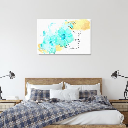 Een lijn gezicht kunst met blauwe bloemen vlekken canvas afdruk (Insitu (Slaapkamer))