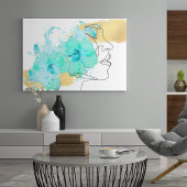 Een lijn gezicht kunst met blauwe bloemen vlekken canvas afdruk