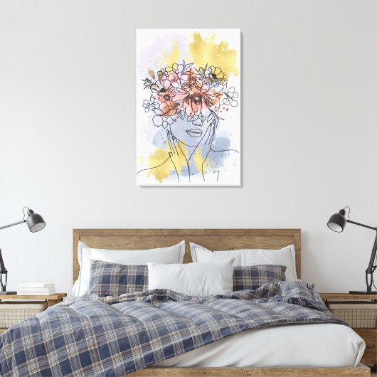 Een lijn gezicht kunst met bloemen kroon verbergen canvas afdruk (Insitu (Slaapkamer))