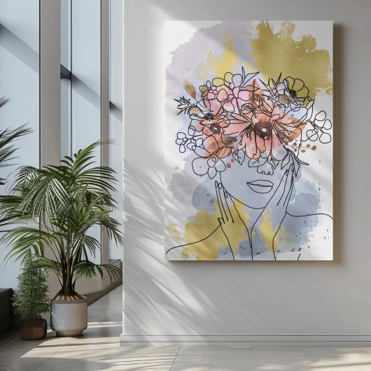 Een lijn gezicht kunst met bloemen kroon verbergen canvas afdruk