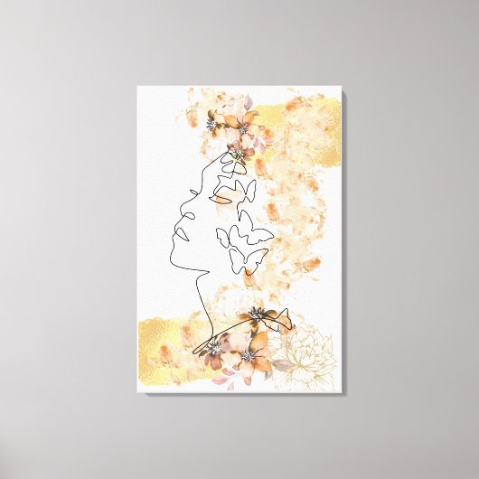 Een lijn gezicht kunst met perzik bloem vlekken go canvas afdruk (Voorkant)