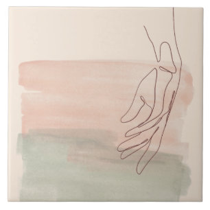 Eén lijn grafisch teken hand in waterpastel tegeltje