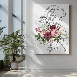 Een lijn meisje kunst met bloemen in roze kastanje canvas afdruk