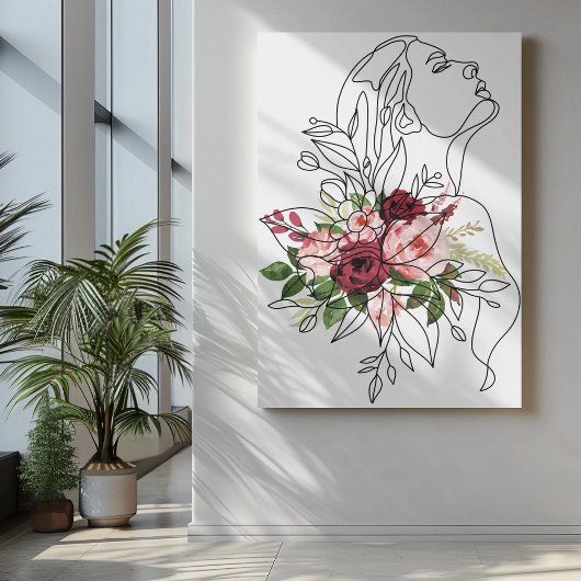 Een lijn meisje kunst met bloemen in roze kastanje canvas afdruk