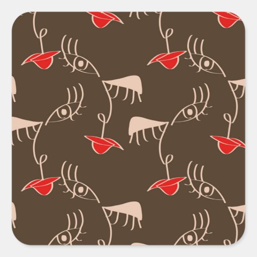 Een-lijn vrouw gezicht: abstract patroon. vierkante sticker (Voorkant)