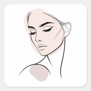Één lijn Vrouw Gezichtstekening No3 (met Kleur) Vierkante Sticker