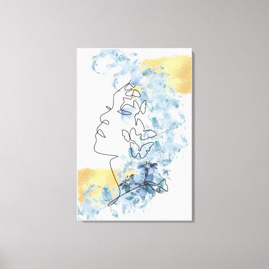 Een lijn zijkant gezicht blauwe bloemen vlinder op canvas afdruk (Voorkant)