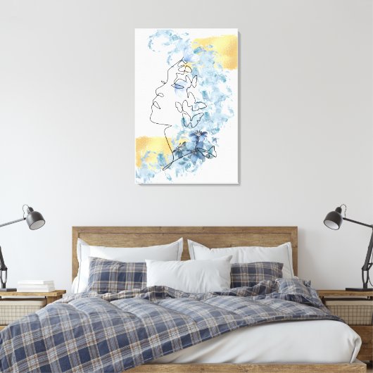 Een lijn zijkant gezicht blauwe bloemen vlinder op canvas afdruk (Insitu (Slaapkamer))