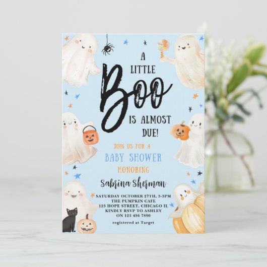 Een Little Boo Blue Halloween Ghost Boy Baby showe Kaart (Staand voorkant)