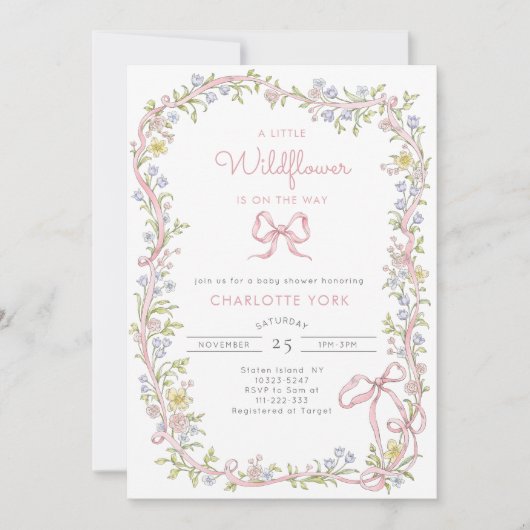 Een Little Wildflower roze Bow lijst Baby shower Kaart (Voorkant)