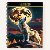 Een lone wolf huilt bij de stralende volle maan in notitieboek (Voorkant)