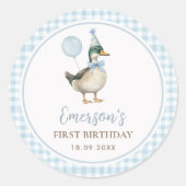 Een Lucky Duck Baby Blauwe Ballon 1e Verjaardag Ronde Sticker (Voorkant)