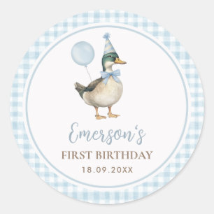 Een Lucky Duck Baby Blauwe Ballon 1e Verjaardag Ronde Sticker