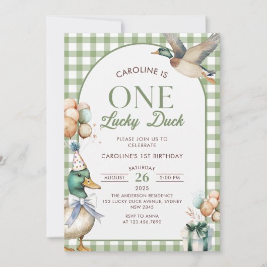 Een Lucky Duck Ballon 1e verjaardag uitnodiging (Voorkant)