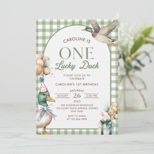 Een Lucky Duck Ballon 1e verjaardag uitnodiging (Staand voorkant)