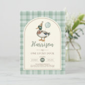 Een Lucky Duck Ballon Green Gingham 1e verjaardag Kaart (Staand voorkant)