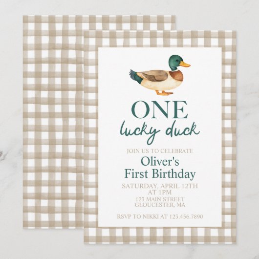 Eén Lucky Duck eerste verjaardag Kaart (Voorkant / Achterkant)