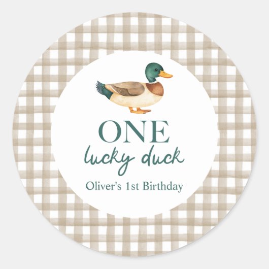 Eén Lucky Duck eerste verjaardag Ronde Sticker (Voorkant)