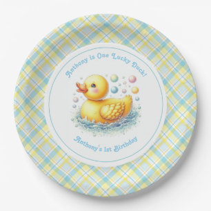 Eén Lucky Duck Eerste Verjaardagsfeestje Papieren Bordje