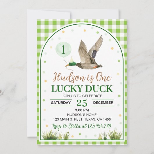 Een Lucky Duck Green Gingham verjaardagsuitnodigin Kaart (Voorkant)