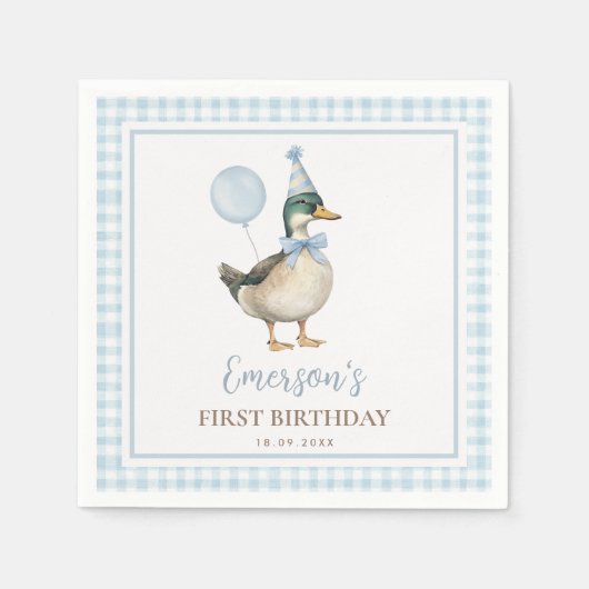 Een Lucky Duck Pastel Blue Balloon Verjaardagsguns Servet (Voorkant)