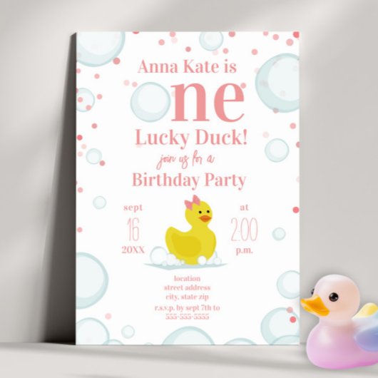 Een Lucky Duck Pink Eerste Verjaardagsfeestje Kaart