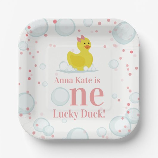 Een Lucky Duck Pink Eerste Verjaardagsfeestje Papieren Bordje (Voorkant)