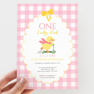 Eén Lucky Duck Roze Gingham Meisje 1e verjaardag Kaart