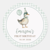 Een Lucky Duck Sage Groene Ballon 1e Verjaardag Ronde Sticker (Voorkant)