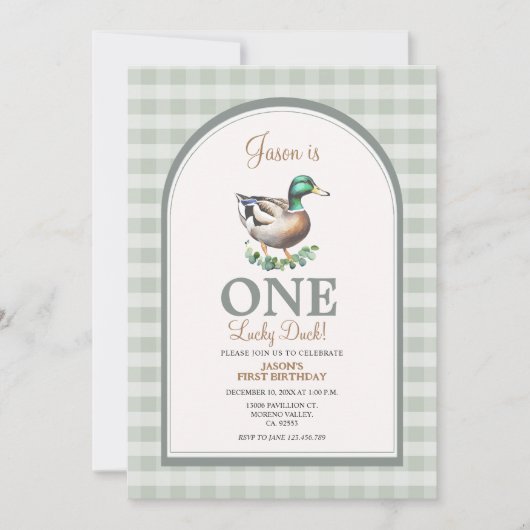 Een Lucky Mallard Ducks Green Gingham 1e verjaarda Kaart (Voorkant)