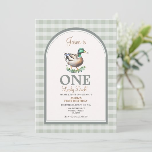 Een Lucky Mallard Ducks Green Gingham 1e verjaarda Kaart (Staand voorkant)
