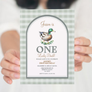 Een Lucky Mallard Ducks Green Gingham 1e verjaarda Kaart