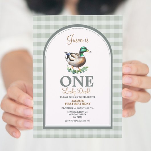 Een Lucky Mallard Ducks Green Gingham 1e verjaarda Kaart