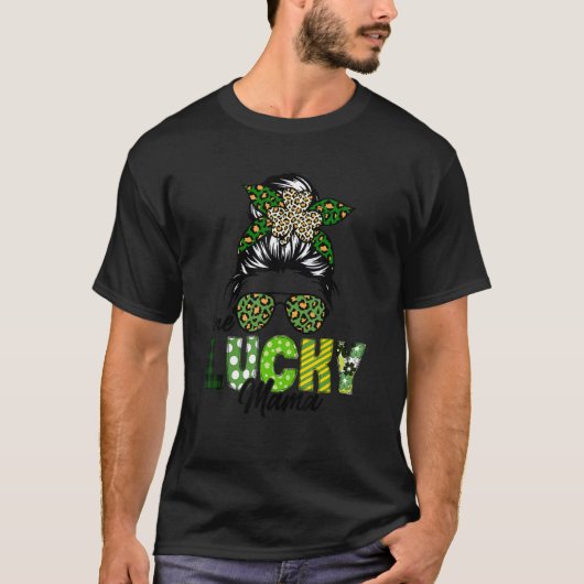 Een Lucky Mama Leopard Messy Bun Saint Patrick's D T-shirt (Voorkant)