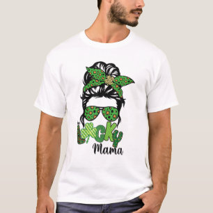 Een Lucky Mama Messy Bun Leopard St Patrick's Day T-shirt