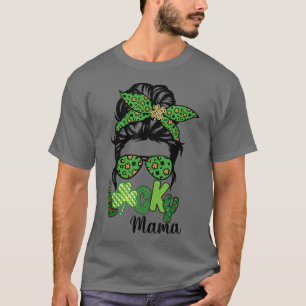 Een Lucky Mama Messy Bun Leopard St Patrick's Day T-shirt