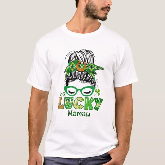 Een Lucky Mamaw Messy Bun Leopard St Patrick's Day T-shirt (Voorkant)