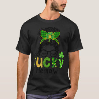 Een Lucky Memaw Messy Bun Leopard St Patrick's Day T-shirt