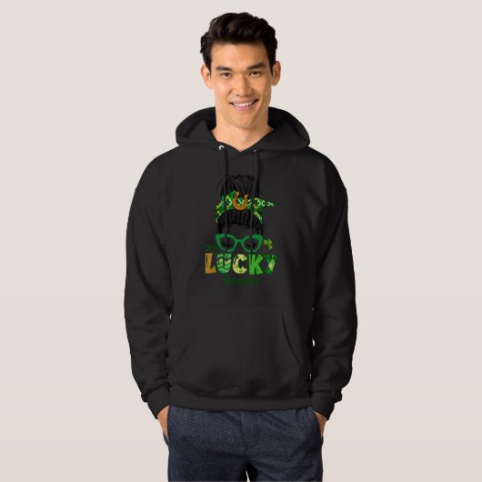 Een Lucky Momma Messy Bun Leopard St Patrick's Day Hoodie (Voorkant volledig)