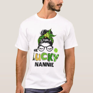 Een Lucky Nannie Messy Bun Leopard St Patrick's Da T-shirt