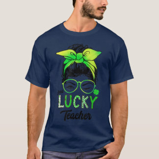 Een Lucky Teacher Tie Dye Messy Bun Hair St Patric T-shirt