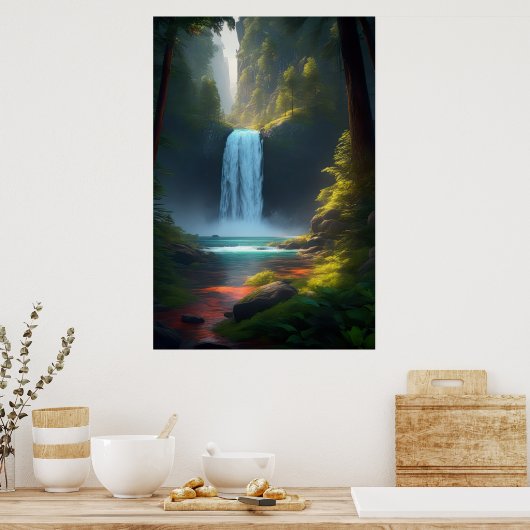 Een luide waterval in het rustige bos poster (Keuken)