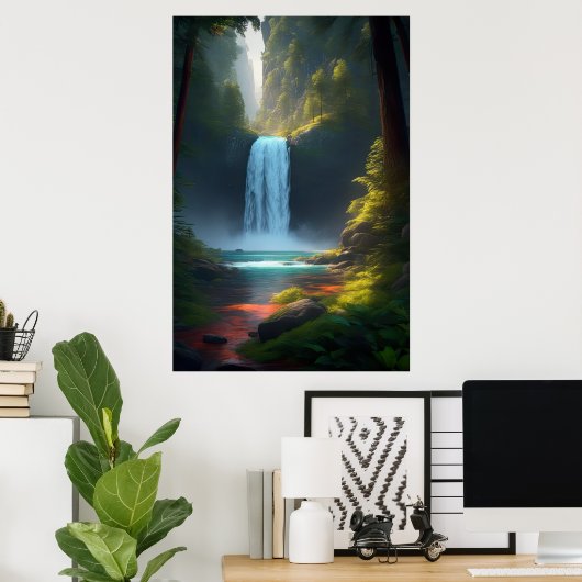 Een luide waterval in het rustige bos poster (Thuiskantoor)