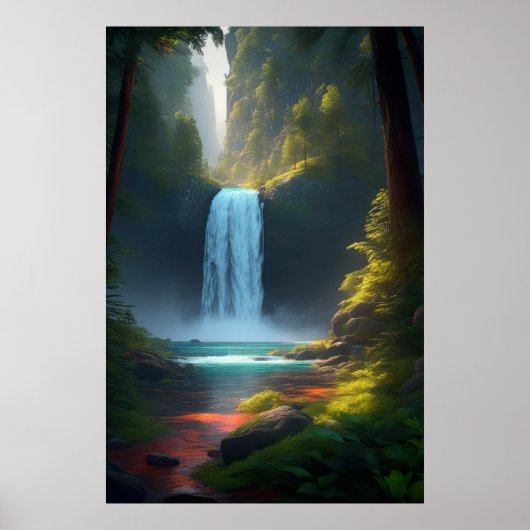 Een luide waterval in het rustige bos poster (Voorkant)