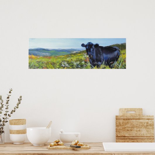 'Een lunch onderbroken' koe landschapsschilderij Poster (Keuken)