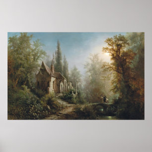 Een maanverlichte nacht boven een kapel en ruiters poster
